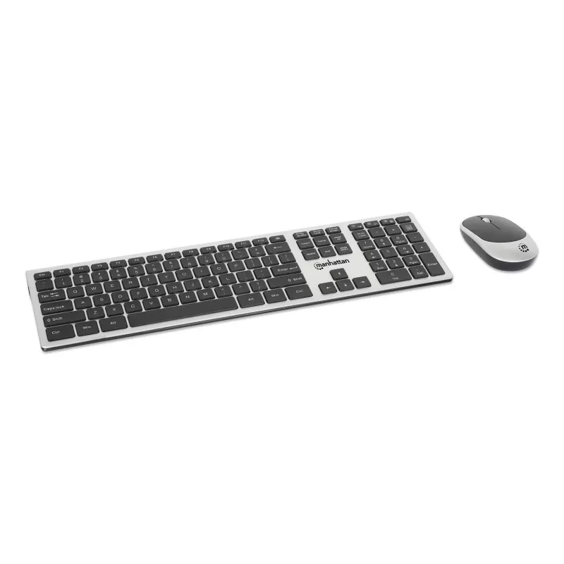 Manhattan Einzelner USB-A-Nano-Empfänger für beides, drahtlose Full-Size-Tastatur, beidhändige optische Maus mit drei Tasten und Scrollrad, 1200 dpi, Silber/Schwarz