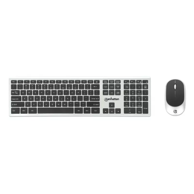 Manhattan Einzelner USB-A-Nano-Empfänger für beides, drahtlose Full-Size-Tastatur, beidhändige optische Maus mit drei Tasten und Scrollrad, 1200 dpi, Silber/Schwarz