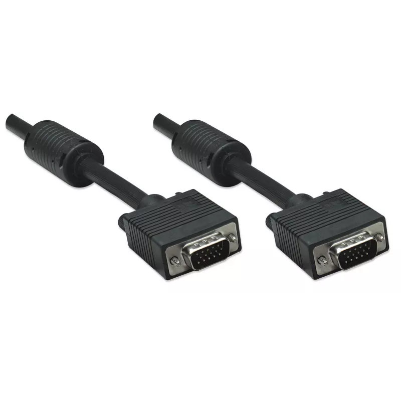 Manhattan VGA-Monitorkabel (mit Ferritkernen), 10 m, Schwarz, Stecker auf Stecker, HD15, Kabel mit höherer SVGA-Spezifikation (vollständig kompatibel), Abschirmung mit Ferritkernen hilft, elektromagnetische Störungen zu minimieren und die Videoübertragung zu verbessern, lebenslange Garantie