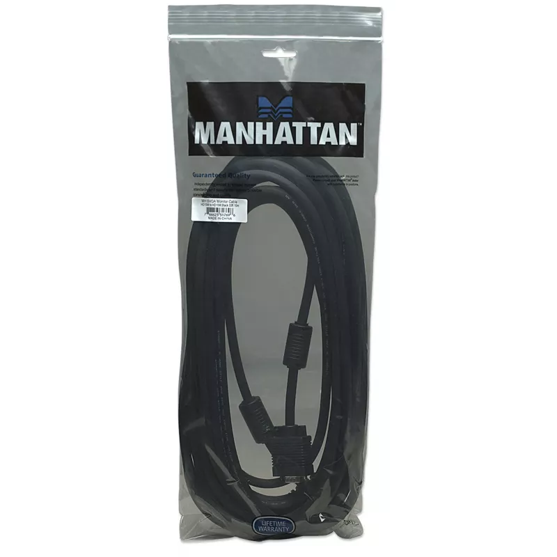 Manhattan VGA-Monitorkabel (mit Ferritkernen), 10 m, Schwarz, Stecker auf Stecker, HD15, Kabel mit höherer SVGA-Spezifikation (vollständig kompatibel), Abschirmung mit Ferritkernen hilft, elektromagnetische Störungen zu minimieren und die Videoübertragung zu verbessern, lebenslange Garantie