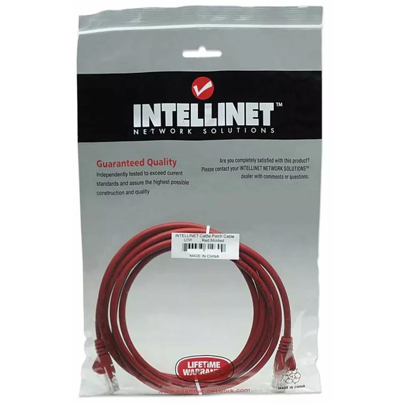 Intellinet Netzwerk-Patchkabel, Cat5e, 5 m, Rot, CCA, U/UTP, PVC, RJ45, vergoldete Kontakte, rastnasenfrei, Knickschutztülle, lebenslange Garantie