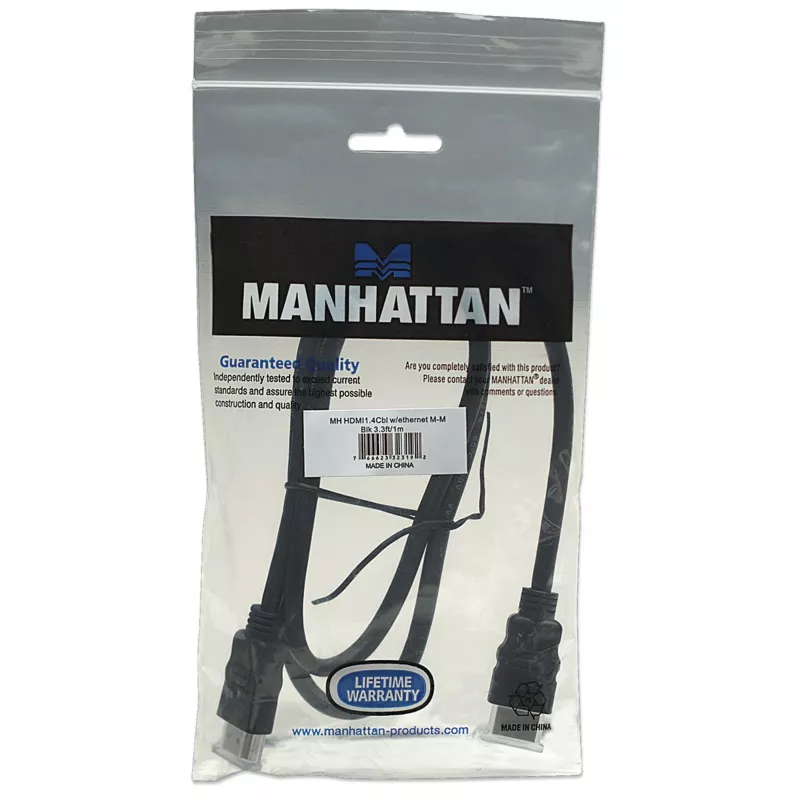 Manhattan HDMI 4K@30Hz Kabel mit Ethernet, 1m, Geeignet für ALLE 1080p/HD und die meisten 4K-Anwendungen (überprüfen Sie die 4K-Spezifikation Ihres Systems, um sicherzugehen), Stecker auf Stecker, Schwarz, Ultra HD 4K x 2K, Lebenslange Garantie, Hochgeschwindigkeit, Entspricht HDMM1MHS