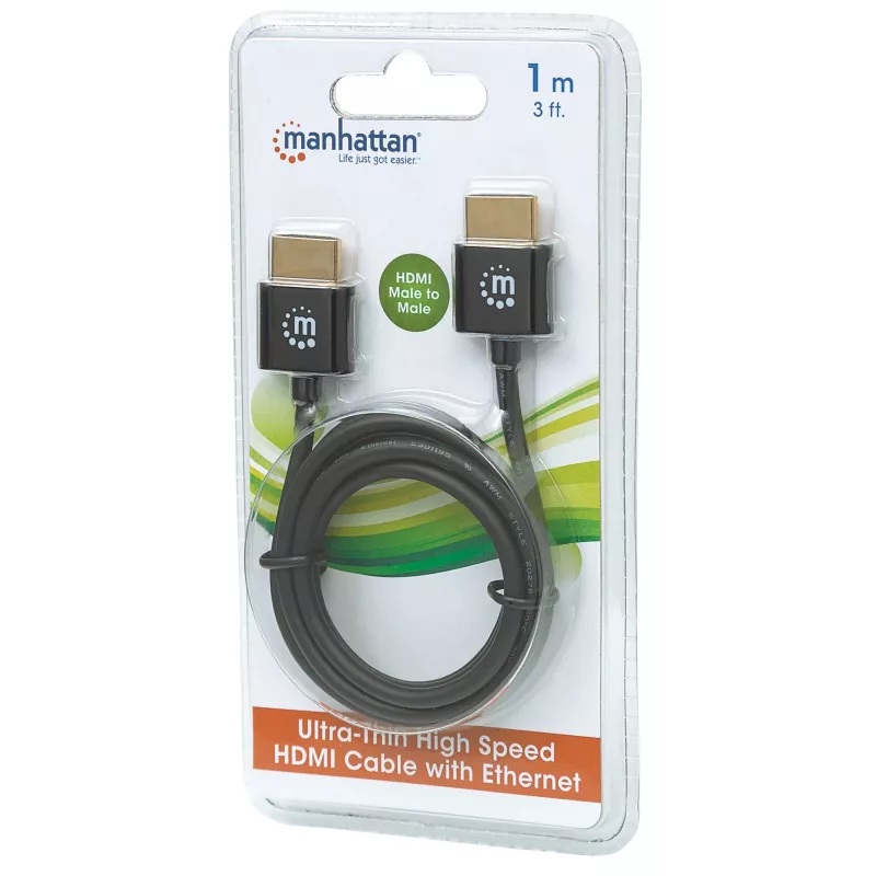 Manhattan HDMI-Kabel mit Ethernet (Ultra Thin), 4K@60Hz (Premium High Speed), 1m, Stecker auf Stecker, Schwarz, Ultra HD 4k x 2k, Voll geschirmt, Vergoldete Kontakte, Lebenslange Garantie