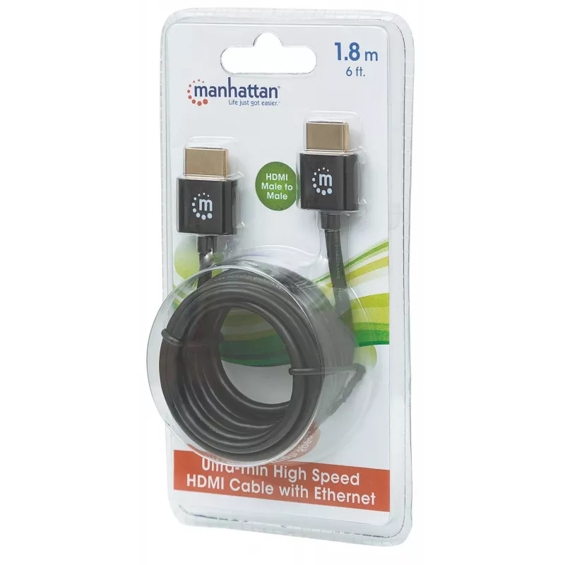 Manhattan HDMI-Kabel mit Ethernet (ultraflach), 4K@60Hz (Premium High Speed), 1,8 m, Stecker zu Stecker, Schwarz, Ultra HD 4K x 2K, vollständig geschirmt, vergoldete Kontakte, lebenslange Garantie