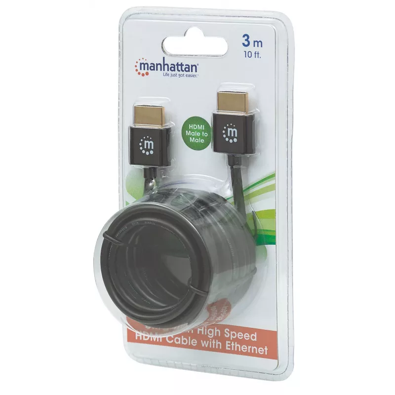 Manhattan HDMI-Kabel mit Ethernet (ultraflach), 4K@60Hz (Premium High Speed), 3 m, Stecker auf Stecker, Schwarz, Ultra HD 4K x 2K, vollständig geschirmt, vergoldete Kontakte, lebenslange Garantie