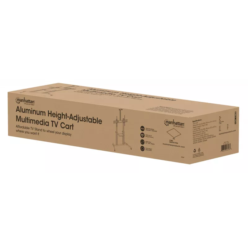 Manhattan Trolley-Montageständer für Fernseher & Monitore, Für Bildschirme: 37 Zoll bis 100 Zoll, VESA-Kompatibilität: alle zwischen 200x200 und 1000x600 mm – überprüfen Sie die Abmessungen der vier Befestigungslöcher auf der Rückseite des Bildschirms, um sicherzustellen, dass es passt, Max. 80 kg, Höhenverstellbar 1200 bis 1600 mm, LFD, Halterung
