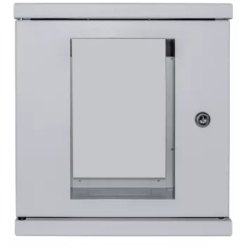 Intellinet 10 Zoll Netzwerkschrank - Wandmontage (Standard), 6HE, 300 mm tief, Grau, montiert, max. 60 kg, auch für den Einsatz auf dem Schreibtisch oder Boden geeignet, nutzbare Tiefe 265 mm, Metall- & Glastür, Rückwand, abnehmbare Seitenwände, Teile für die Wandmontage (z. B. Schrauben/Dübel) nicht im Lieferumfang enthalten