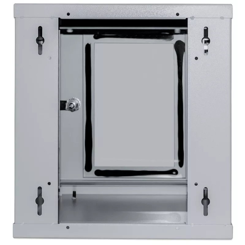 Intellinet 10 Zoll Netzwerkschrank - Wandmontage (Standard), 6HE, 300 mm tief, Grau, montiert, max. 60 kg, auch für den Einsatz auf dem Schreibtisch oder Boden geeignet, nutzbare Tiefe 265 mm, Metall- & Glastür, Rückwand, abnehmbare Seitenwände, Teile für die Wandmontage (z. B. Schrauben/Dübel) nicht im Lieferumfang enthalten