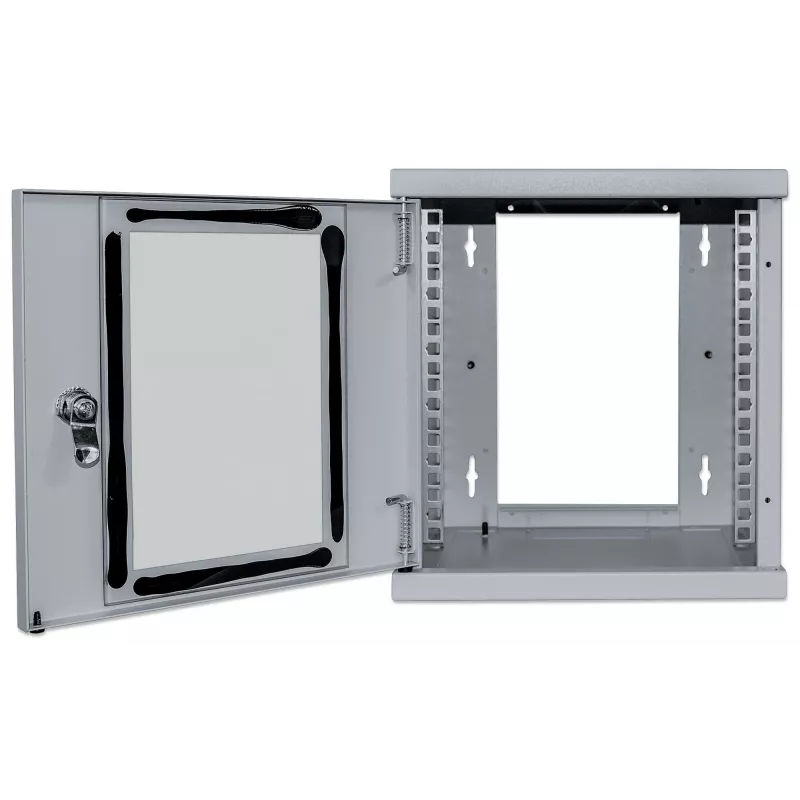 Intellinet 10 Zoll Netzwerkschrank - Wandmontage (Standard), 6HE, 300 mm tief, Grau, montiert, max. 60 kg, auch für den Einsatz auf dem Schreibtisch oder Boden geeignet, nutzbare Tiefe 265 mm, Metall- & Glastür, Rückwand, abnehmbare Seitenwände, Teile für die Wandmontage (z. B. Schrauben/Dübel) nicht im Lieferumfang enthalten