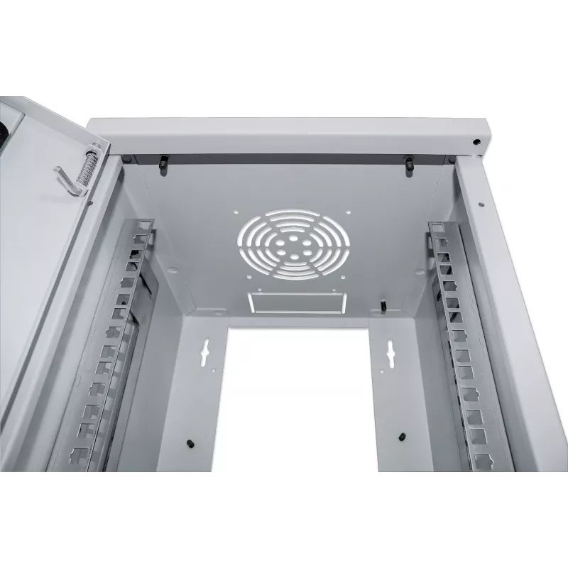 Intellinet 10 Zoll Netzwerkschrank - Wandmontage (Standard), 6HE, 300 mm tief, Grau, montiert, max. 60 kg, auch für den Einsatz auf dem Schreibtisch oder Boden geeignet, nutzbare Tiefe 265 mm, Metall- & Glastür, Rückwand, abnehmbare Seitenwände, Teile für die Wandmontage (z. B. Schrauben/Dübel) nicht im Lieferumfang enthalten