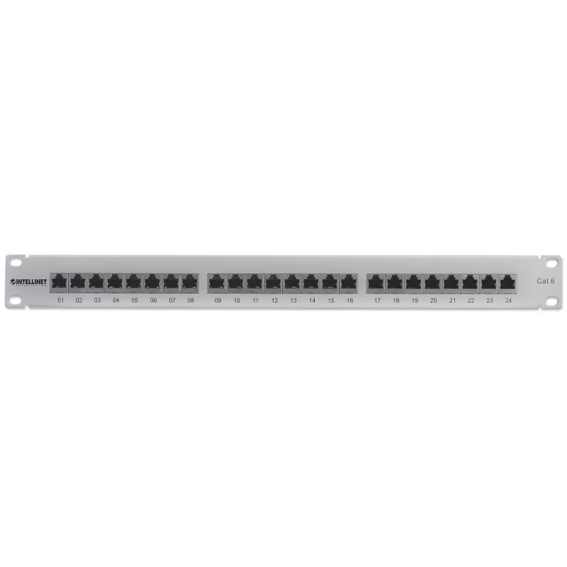 Intellinet Patch Panel, Cat6, FTP, 24-Port, 1U, geschirmt, 90° Top-Entry LSA-Leisten, Grau
