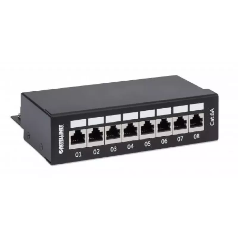 Intellinet Patch Panel, Cat6a, FTP, 8-Port, Desktop, geschirmt, 90° Top-Entry LSA-Leisten, Schwarz