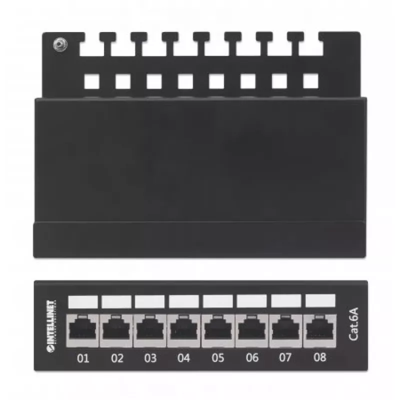 Intellinet Patch Panel, Cat6a, FTP, 8-Port, Desktop, geschirmt, 90° Top-Entry LSA-Leisten, Schwarz