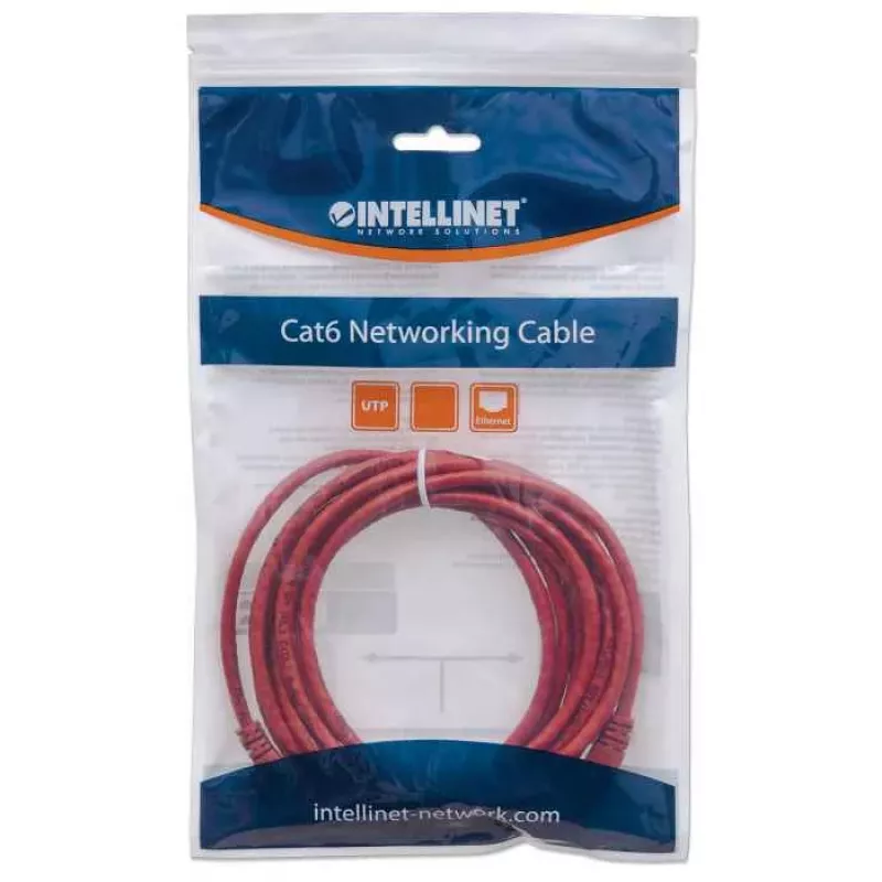 Intellinet Netzwerk-Patchkabel, Cat6, 0,5m, Rot, CCA, U/UTP, PVC, RJ45, vergoldete Kontakte, rastnasenlos, angespritzter Knickschutz, lebenslange Garantie