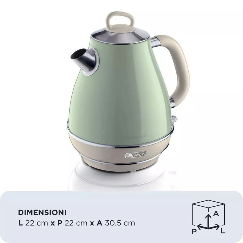 Ariete 2869 Vintage Wasserkocher, Edelstahl, 1,7 l, automatische Abschaltung, 2000 W, für Wasser, Tee und Kräutergetränke, Pastellgrün