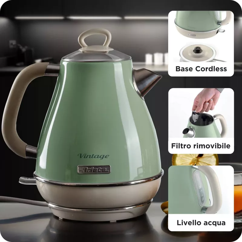 Ariete 2869 Vintage Wasserkocher, Edelstahl, 1,7 l, automatische Abschaltung, 2000 W, für Wasser, Tee und Kräutergetränke, Pastellgrün