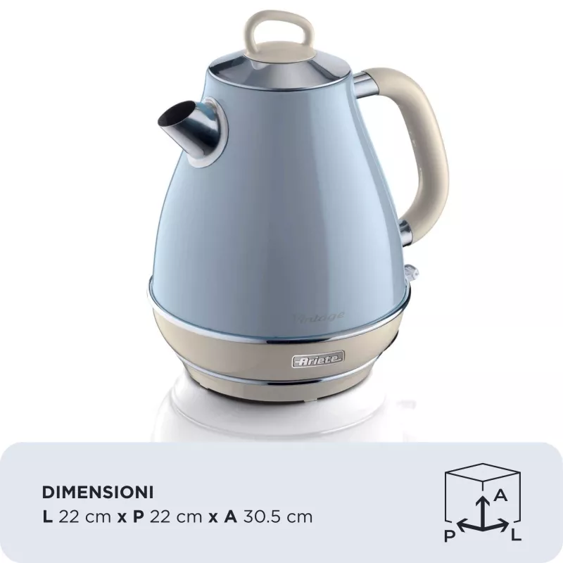 Ariete 2869 Vintage Wasserkocher, Edelstahl, 1,7 L, automatische Abschaltung, 2000 W, für Wasser, Tee und Kräutergetränke, Pastellblau