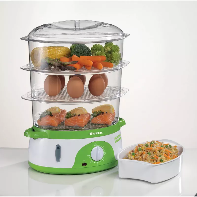 Ariete 911 Healthy Steam - Elektrischer Dampfgarer - 3 Körbe - Reisbehälter - Timer 60 Min. - 800 Watt - 9 Liter - Weiß und Grün