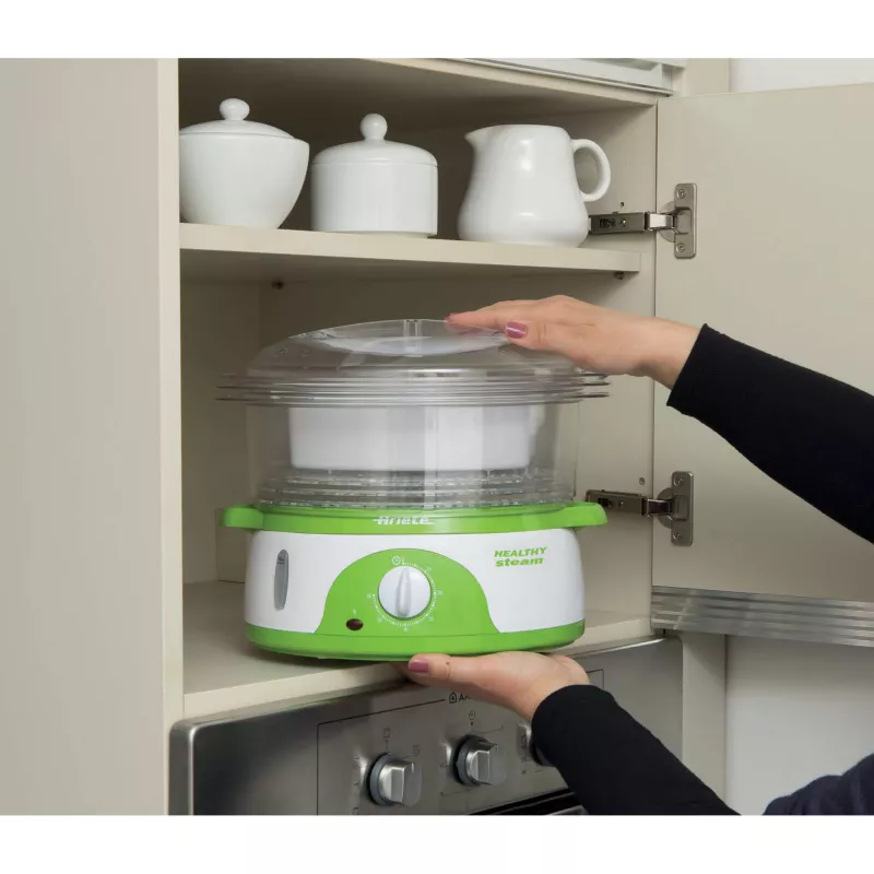 Ariete 911 Healthy Steam - Elektrischer Dampfgarer - 3 Körbe - Reisbehälter - Timer 60 Min. - 800 Watt - 9 Liter - Weiß und Grün