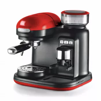 Ariete 1318 Moderna Espressomaschine mit integriertem Kaffeemahlwerk, für Kaffeebohnen und Kaffeepulver, Milchaufschäumer Cappuccinatore, 1- und 2-Tassen-Filter, 1080 W, 800 ml, Rot