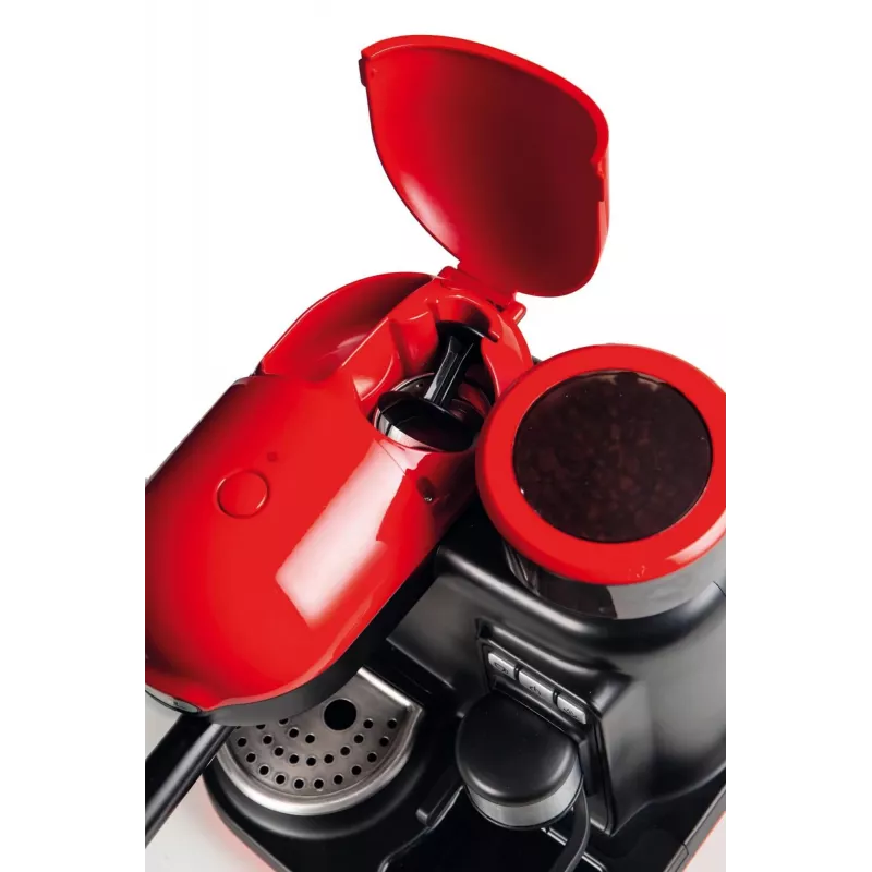 Ariete 1318 Moderna Espressomaschine mit integriertem Kaffeemahlwerk, für Kaffeebohnen und Kaffeepulver, Milchaufschäumer Cappuccinatore, 1- und 2-Tassen-Filter, 1080 W, 800 ml, Rot
