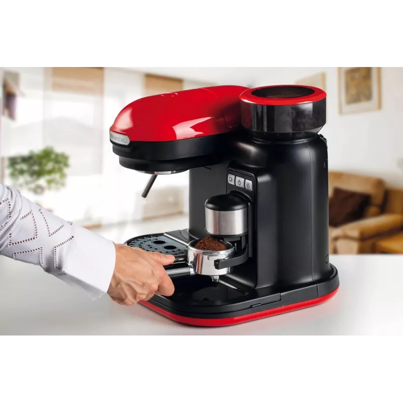 Ariete 1318 Moderna Espressomaschine mit integriertem Kaffeemahlwerk, für Kaffeebohnen und Kaffeepulver, Milchaufschäumer Cappuccinatore, 1- und 2-Tassen-Filter, 1080 W, 800 ml, Rot