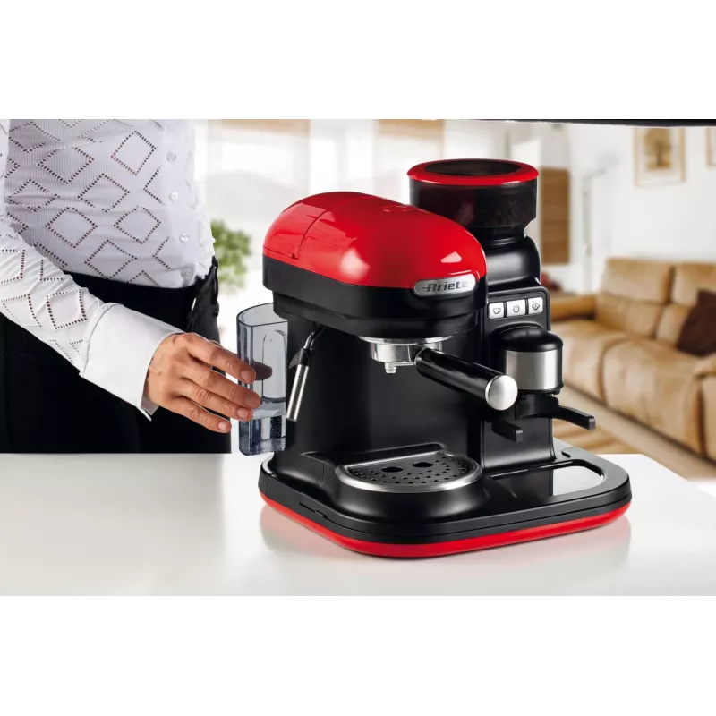 Ariete 1318 Moderna Espressomaschine mit integriertem Kaffeemahlwerk, für Kaffeebohnen und Kaffeepulver, Milchaufschäumer Cappuccinatore, 1- und 2-Tassen-Filter, 1080 W, 800 ml, Rot