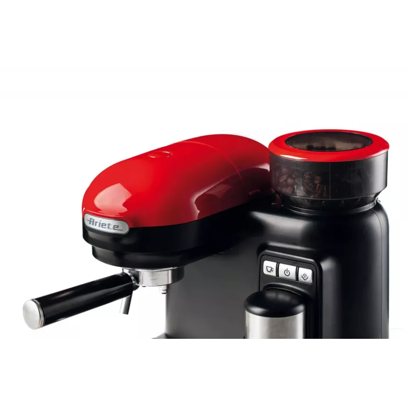 Ariete 1318 Moderna Espressomaschine mit integriertem Kaffeemahlwerk, für Kaffeebohnen und Kaffeepulver, Milchaufschäumer Cappuccinatore, 1- und 2-Tassen-Filter, 1080 W, 800 ml, Rot