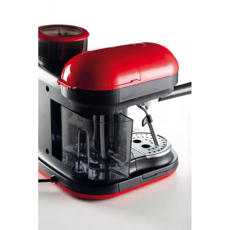 Ariete 1318 Moderna Espressomaschine mit integriertem Kaffeemahlwerk, für Kaffeebohnen und Kaffeepulver, Milchaufschäumer Cappuccinatore, 1- und 2-Tassen-Filter, 1080 W, 800 ml, Rot