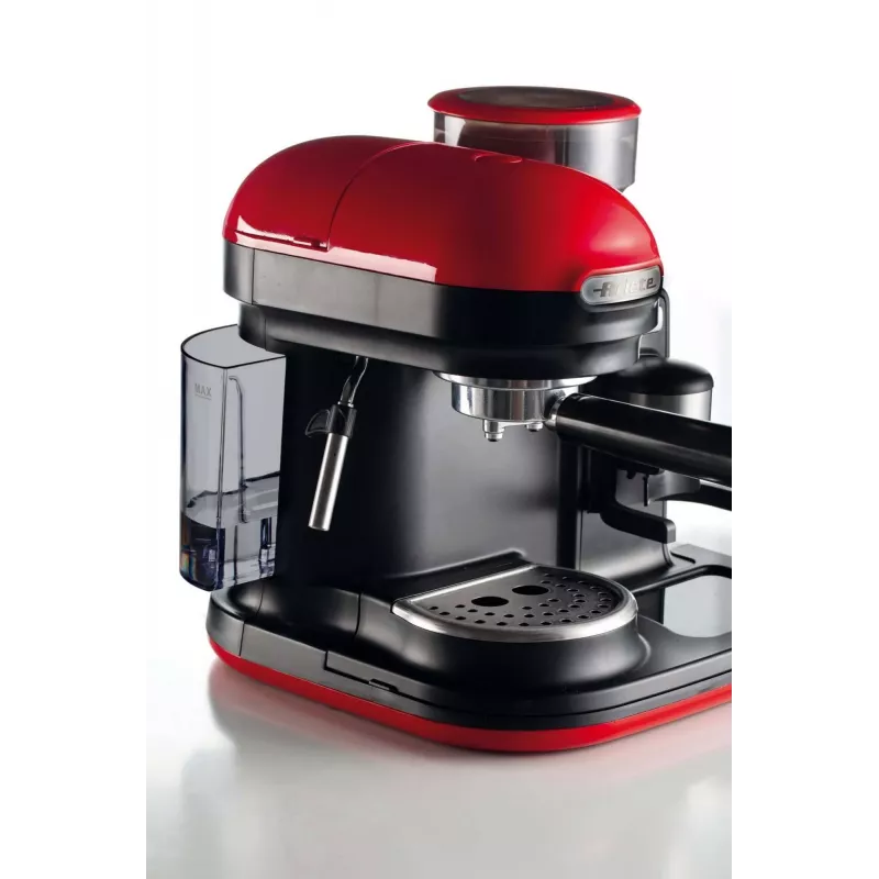 Ariete 1318 Moderna Espressomaschine mit integriertem Kaffeemahlwerk, für Kaffeebohnen und Kaffeepulver, Milchaufschäumer Cappuccinatore, 1- und 2-Tassen-Filter, 1080 W, 800 ml, Rot
