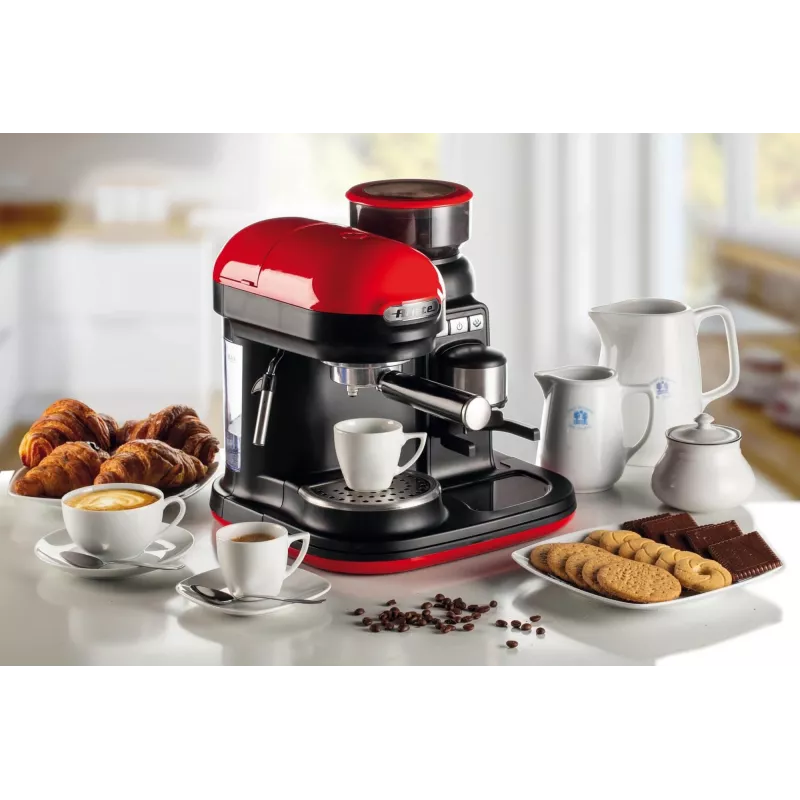 Ariete 1318 Moderna Espressomaschine mit integriertem Kaffeemahlwerk, für Kaffeebohnen und Kaffeepulver, Milchaufschäumer Cappuccinatore, 1- und 2-Tassen-Filter, 1080 W, 800 ml, Rot
