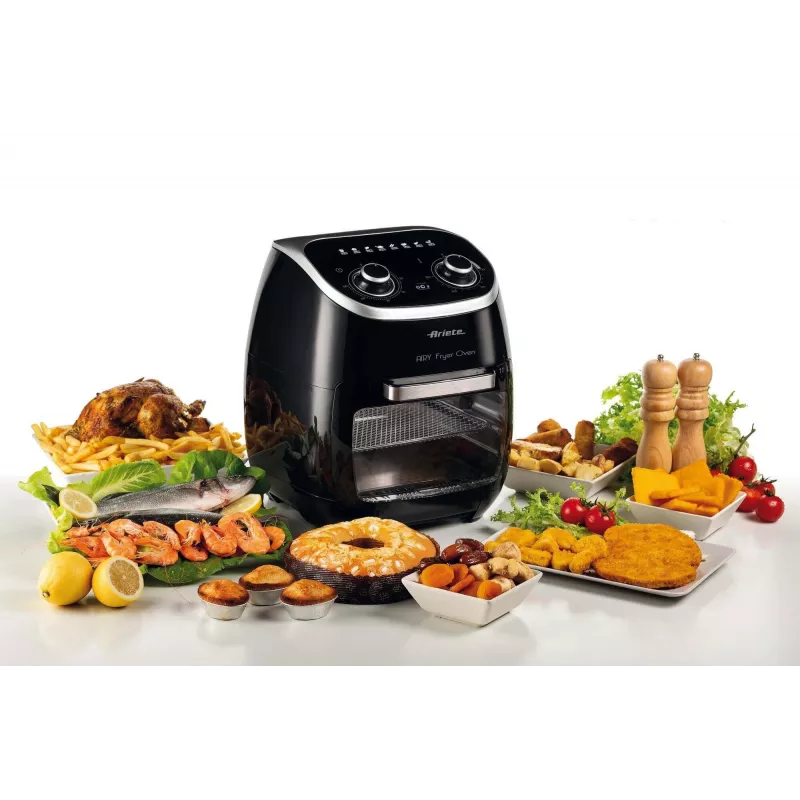 Ariete 4619 Airy Fryer Ofen – Heißluftfritteuse und Elektrobackofen mit Drehspieß – Rotierender Korb – Dörrautomat – 2000 Watt – 11 Liter – Stahl