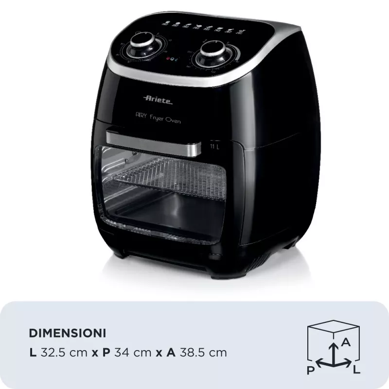 Ariete 4619 Airy Fryer Ofen – Heißluftfritteuse und Elektrobackofen mit Drehspieß – Rotierender Korb – Dörrautomat – 2000 Watt – 11 Liter – Stahl