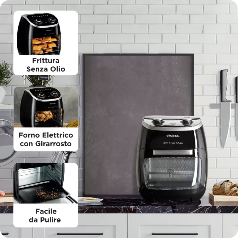 Ariete 4619 Airy Fryer Ofen – Heißluftfritteuse und Elektrobackofen mit Drehspieß – Rotierender Korb – Dörrautomat – 2000 Watt – 11 Liter – Stahl