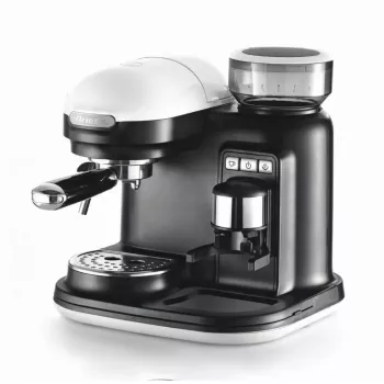 Ariete 1318 Moderna Espressomaschine mit integriertem Kaffeemühler, für Kaffeebohnen und Kaffeepulver, Milchaufschäumdüse für Cappuccino, 1- und 2-Tassen-Filter, 1080 W, 800 cc, Weiß