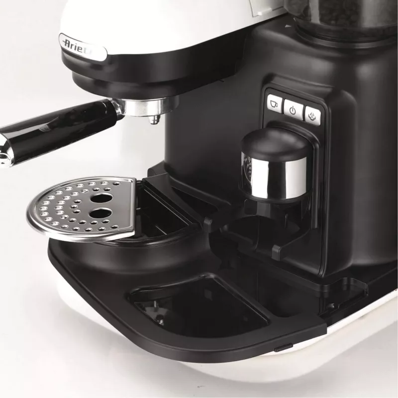 Ariete 1318 Moderna Espressomaschine mit integriertem Kaffeemühler, für Kaffeebohnen und Kaffeepulver, Milchaufschäumdüse für Cappuccino, 1- und 2-Tassen-Filter, 1080 W, 800 cc, Weiß