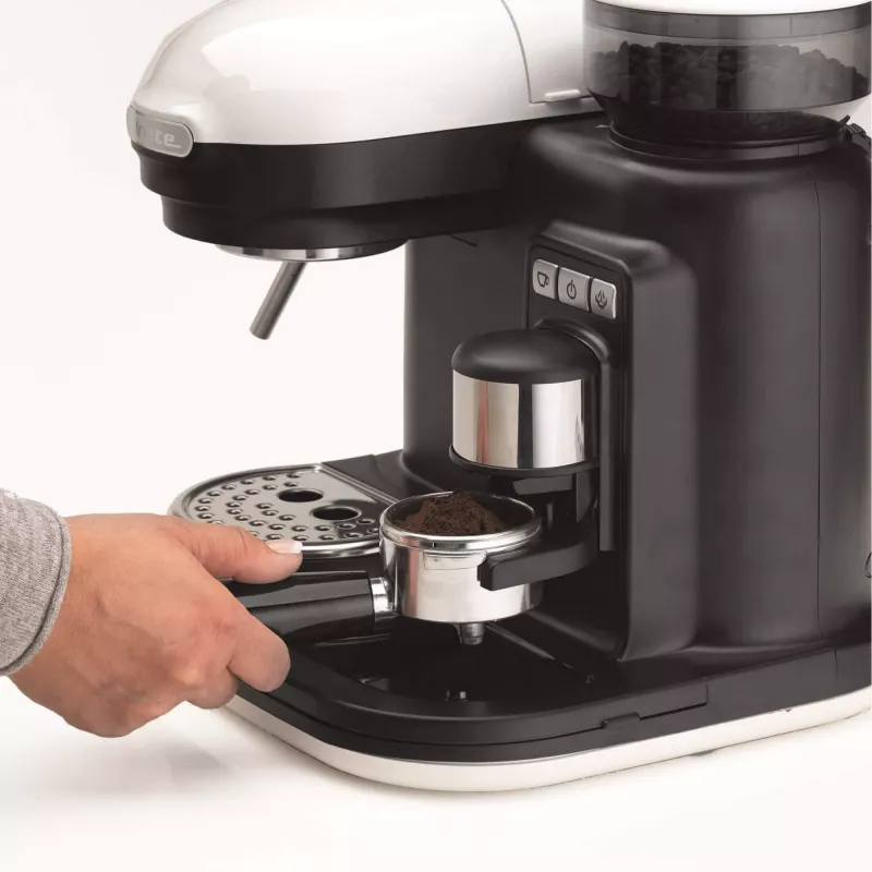 Ariete 1318 Moderna Espressomaschine mit integriertem Kaffeemühler, für Kaffeebohnen und Kaffeepulver, Milchaufschäumdüse für Cappuccino, 1- und 2-Tassen-Filter, 1080 W, 800 cc, Weiß