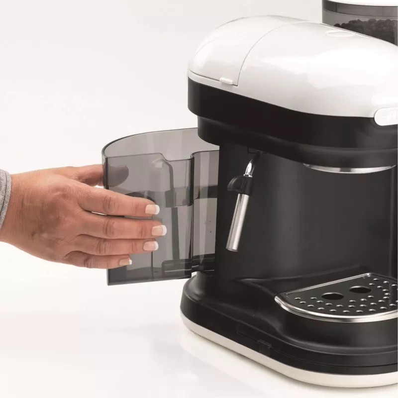 Ariete 1318 Moderna Espressomaschine mit integriertem Kaffeemühler, für Kaffeebohnen und Kaffeepulver, Milchaufschäumdüse für Cappuccino, 1- und 2-Tassen-Filter, 1080 W, 800 cc, Weiß