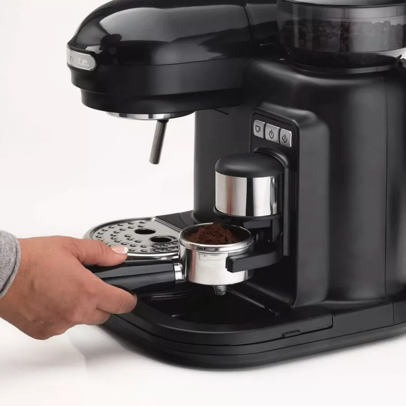 Ariete 1318 Moderna Espressomaschine mit integriertem Kaffeemahlwerk, für Kaffeebohnen und gemahlenen Kaffee, Milchaufschäumer für Cappuccino, 1- und 2-Tassen-Filter, 1080 W, 800 ml, Schwarz