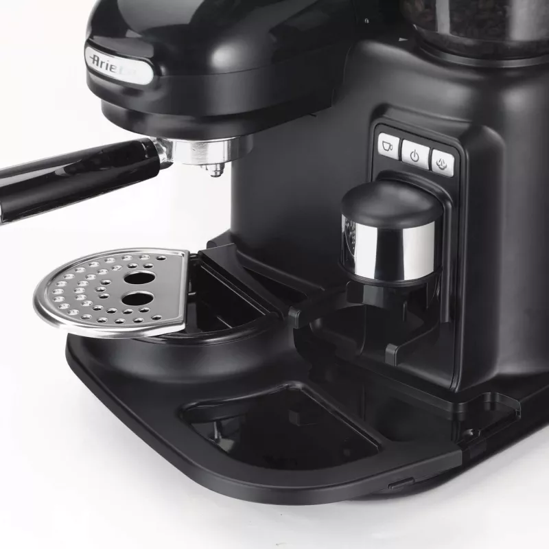 Ariete 1318 Moderna Espressomaschine mit integriertem Kaffeemahlwerk, für Kaffeebohnen und gemahlenen Kaffee, Milchaufschäumer für Cappuccino, 1- und 2-Tassen-Filter, 1080 W, 800 ml, Schwarz
