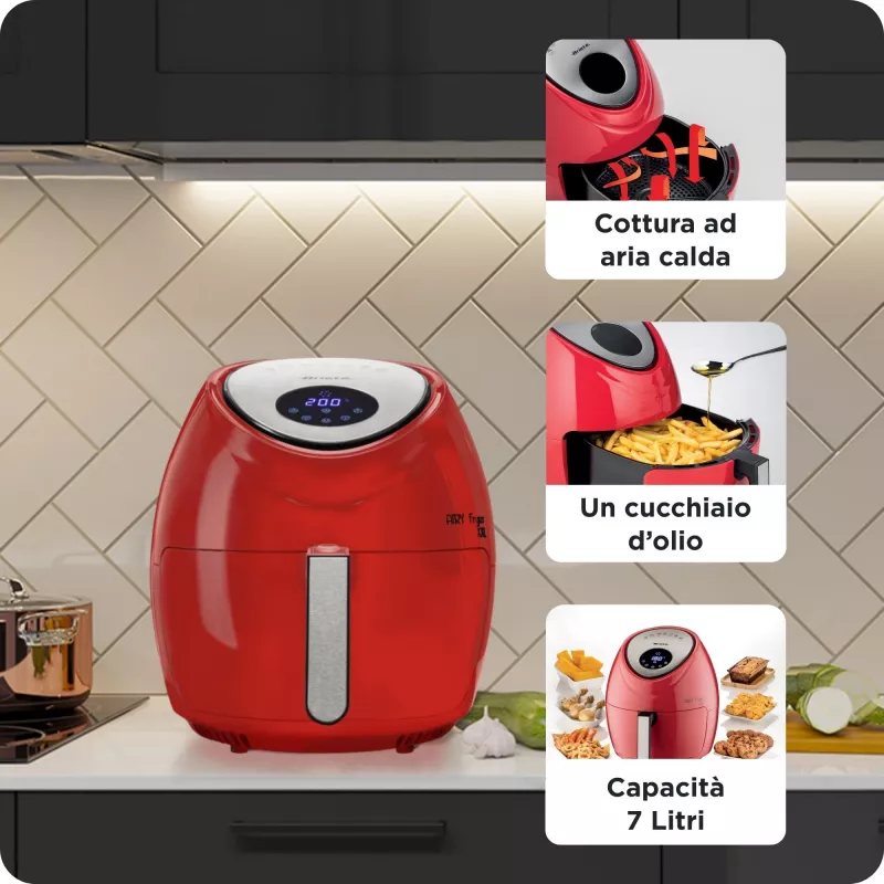Ariete 4618 Airy Fryer XXL - Heißluftfritteuse - Braten Sie 2,5 kg Pommes frites - 7 Liter - Kochen ohne Öl und Fett - 1800 Watt - Rot