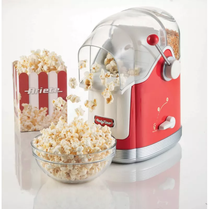 Ariete 2958 Pop Corn Maker Party Time, Popcornmaschine mit Hebel, 1100 Watt, Kapazität 600 g, fettfreie Heißluftzubereitung, Rot