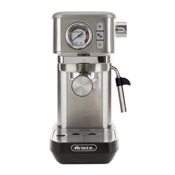 Ariete 1381 Kaffeemaschine mit Manometer, geeignet für Kaffeepulver und ESE-Pads, 1300 W, 1,1 l Kapazität, 15 bar Druck, ½ Tassenfilter, Cappuccino-Düse, Silber