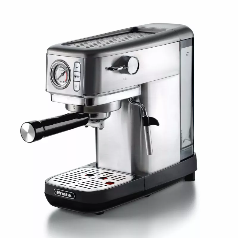 Ariete 1381 Kaffeemaschine mit Manometer, geeignet für Kaffeepulver und ESE-Pads, 1300 W, 1,1 l Kapazität, 15 bar Druck, ½ Tassenfilter, Cappuccino-Düse, Silber