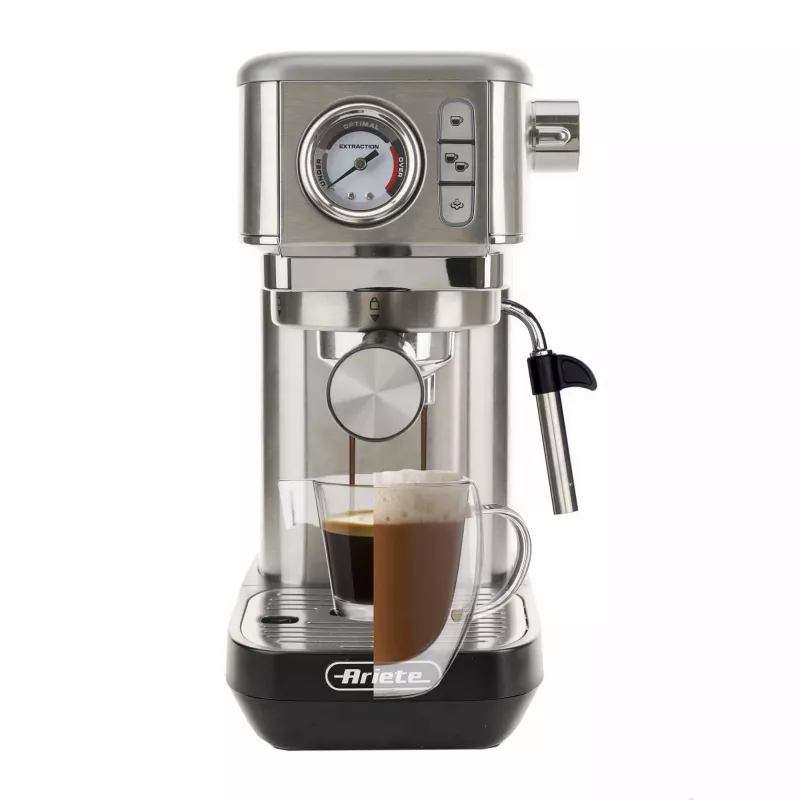 Ariete 1381 Kaffeemaschine mit Manometer, geeignet für Kaffeepulver und ESE-Pads, 1300 W, 1,1 l Kapazität, 15 bar Druck, ½ Tassenfilter, Cappuccino-Düse, Silber