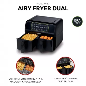 Ariete 4623 Airy Fryer Dual, Heißluftfritteuse mit Doppelkorb, 1700 W, 8 l Fassungsvermögen, 3 Kochfunktionen, Digitales LED-Touch-Panel, 8 voreingestellte Programme, Timer, 2 Körbe, Schwarz