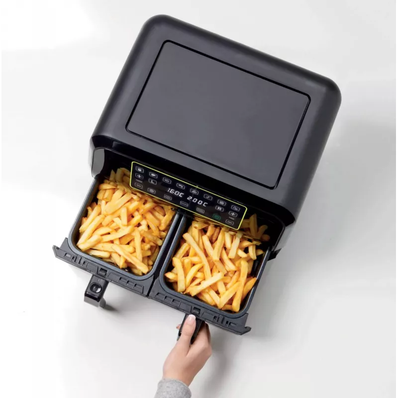 Ariete 4623 Airy Fryer Dual, Heißluftfritteuse mit Doppelkorb, 1700 W, 8 l Fassungsvermögen, 3 Kochfunktionen, Digitales LED-Touch-Panel, 8 voreingestellte Programme, Timer, 2 Körbe, Schwarz