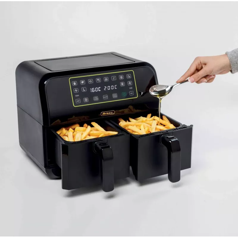 Ariete 4623 Airy Fryer Dual, Heißluftfritteuse mit Doppelkorb, 1700 W, 8 l Fassungsvermögen, 3 Kochfunktionen, Digitales LED-Touch-Panel, 8 voreingestellte Programme, Timer, 2 Körbe, Schwarz
