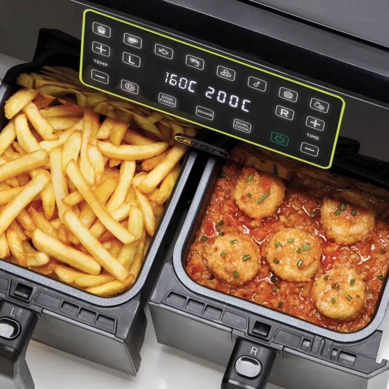 Ariete 4623 Airy Fryer Dual, Heißluftfritteuse mit Doppelkorb, 1700 W, 8 l Fassungsvermögen, 3 Kochfunktionen, Digitales LED-Touch-Panel, 8 voreingestellte Programme, Timer, 2 Körbe, Schwarz