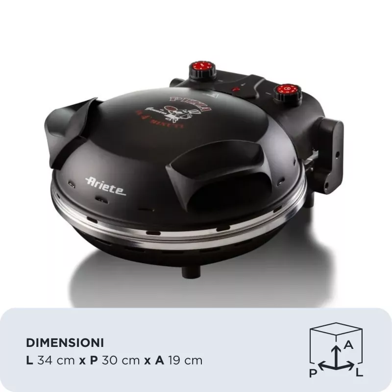 Ariete 917 Pizzaofen - Pizza in 4 Minuten - Refraktärsteinplatte mit Antihaftbeschichtung - Max. Temperatur 400 °C - 1200 Watt - Timer 30' - Schwarz